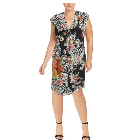 LAUREN Ralph Lauren Dark Floral Print Swingy Shift Dress Size 14 Cap Sleeve - Picture 11 of 11
